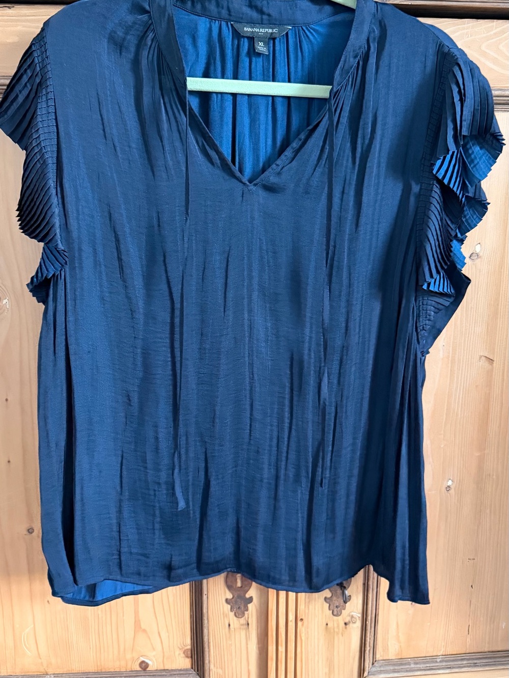 Banana Republic Factory Navy V-Neck Blouse with Pleated Ruffle Sleeves
